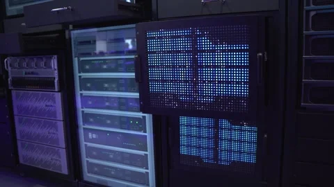 Close up of data center server racks with lights used for ai with cables and Stock Footage 330401432