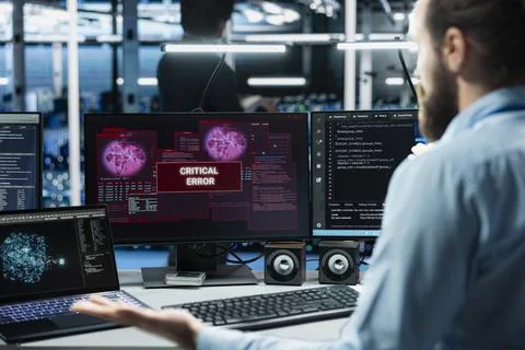 Close up of data center software developer using AI LLM assistant to fix errors Stock Photos