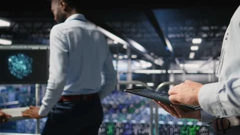 Close up of data center software developer doing maintenance tasks on tablet 스톡 사진