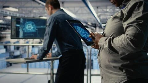 Close up of data center system administrators deploying deep learning software Foto stock