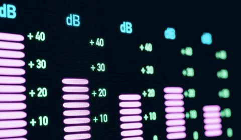  Close-up dB decibel meter, volume, frequenzy, digital equalizer. Close-up... Stock Photos