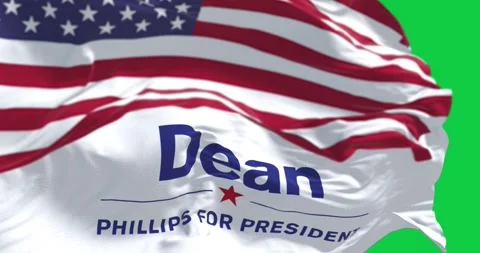 Close-up of Dean Phillips flag and the American flag waving on green screen Stock Footage 256530349
