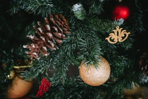 Close up of decorated artificial Christmas tree Foto stock