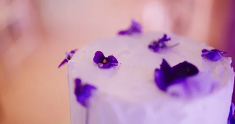 Close-up of Decorated Cake with Pansies and Whipped Cream Stock Footage 308240586