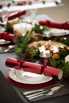 Close up of decorated Christmas table setting, with centrepiece and Christmas Stock Photos