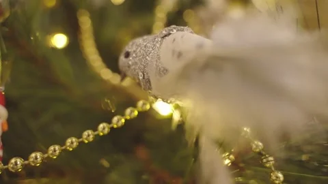 Close up, decorated Christmas tree with golden balls on blurred background. Stock Footage 252926678