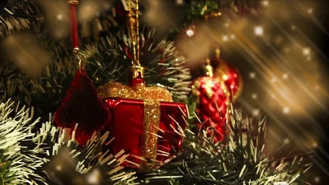 Close up of decorated Christmas tree at night, decorations and lights Stock Footage 82453576