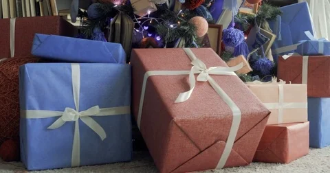 Close up of decorated Christmas tree with wrapped presents Stock Footage 81618664