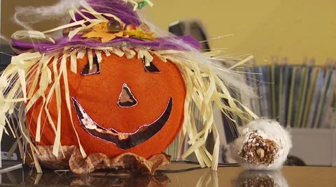 Close-up of decorated Halloween Pumpkin Stock Footage 54593213