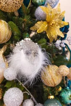Close-up decorations on Christmas tree Stock Photos