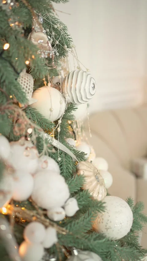 Close-up of decorations on decorated Christmas tree. Concept of priksas on fir Stock Footage 292641856