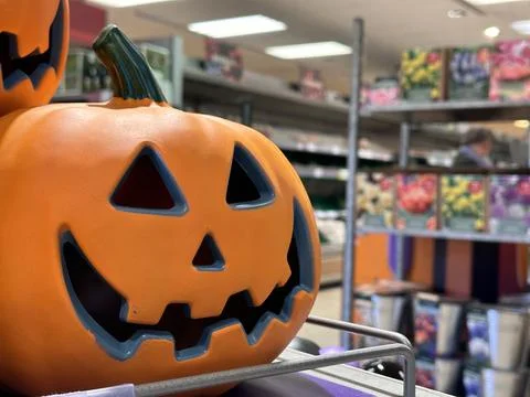 Close up of a decorative jack-o-lantern halloween pumpkin at the store Stock Photos