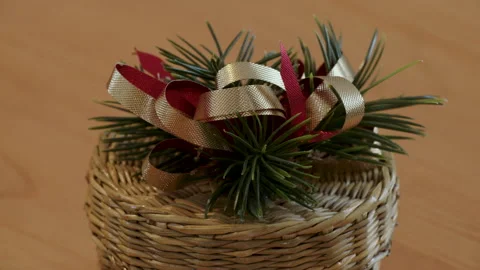 Close up decorative small Christmas wicker basket Stock Footage 295922112