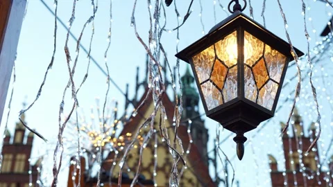 Close-up of decorative street lantern surrounded by sparkling Christmas lights. Stock Footage 296045495