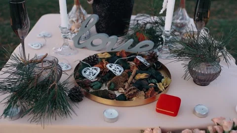 The close up of the decorative table on which is a plate with natural elements Video stock 154683646