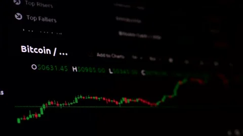 Close-up of decrease and increase bitcoin graph on screen. Stock exchange bar ch 库存影片 149236900