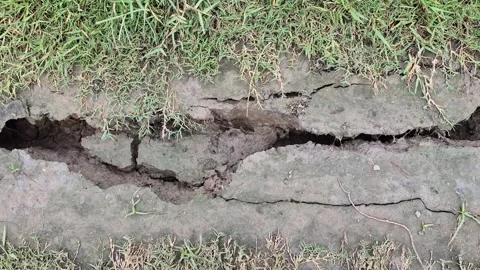 Close Up Of Deep Crack Line On Muddy Dirt Road Caused By Soil Erosion Stock Footage 341908052