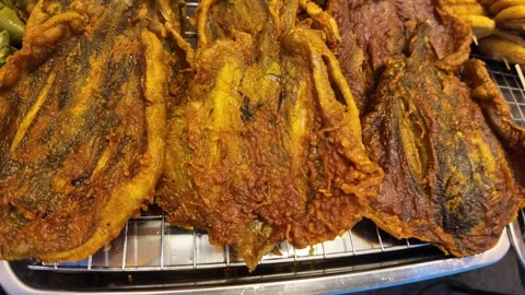 Close Up of Deep Fried Fish at Traditional Asian Street Food Stall Stock Footage 329369533