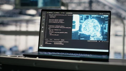 Close up of deep learning coding script running on laptop in server hub Stock Footage 314803423