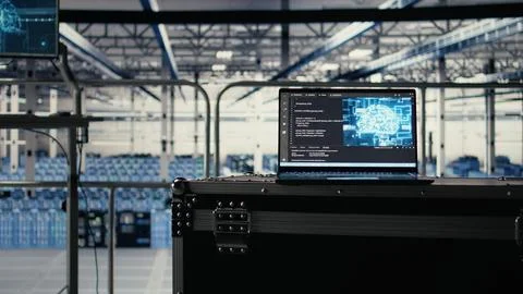Close up of deep learning coding script running on laptop in server hub Stock Photos