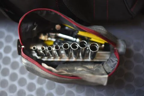 Close up on deep sockets in a tool pouch Stock Photos