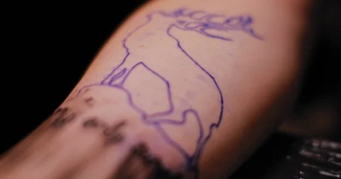 Close up of a deer tattoo with text written in a tattoo studio. BMPCC 4K Stock Footage 125764871