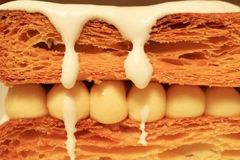 Close-up of Delectable Mille Feuille Puff Pastry with Chantilly Cream Stock Photos