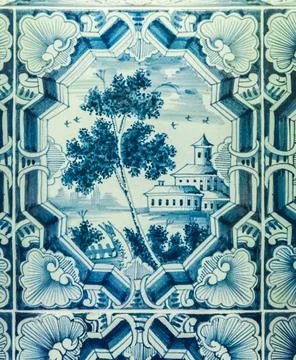 Close-up of the delft tile work on the fireplace in the grand dining room of  Stock Photos