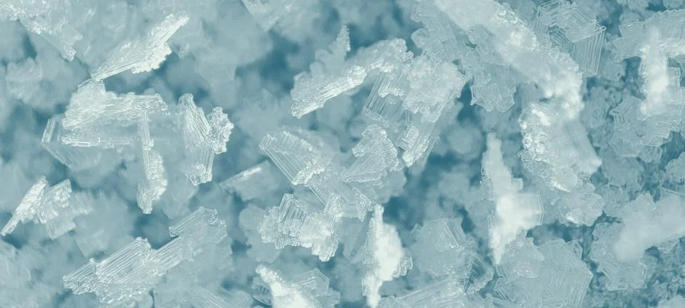 A close-up of delicate ice crystals with a soft blue tint, showcasing intri.. Stock Photos