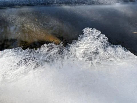 Close Up of Delicate Ice Crystals on a Winter Creek Fotos Stock