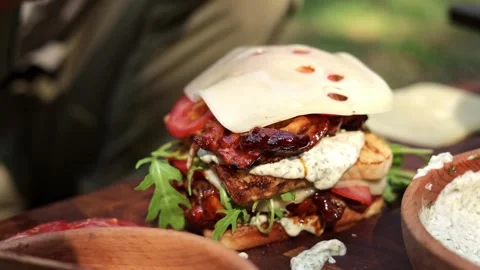 Close Up of Delicious Burger Being Assembled Stock-Footage 280118864