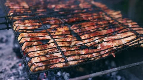 Close-up of delicious chicken pieces grilling over hot coals on a barbecue grate Stock Footage 340263717