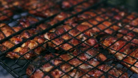 Close-up of delicious chicken pieces grilling on a barbecue rack outdoors Stock Footage 340263748