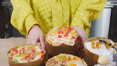 Close-up of delicious Easter cakes with candied fruits, nuts and raisins on the Stock Footage 172157823