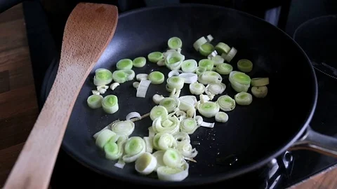Close up of delicious leek on pan Stock Footage 74857807