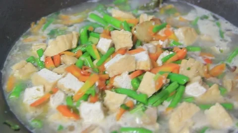 Close up of delicious long bean and tofu stir fry Vidéo 239000081