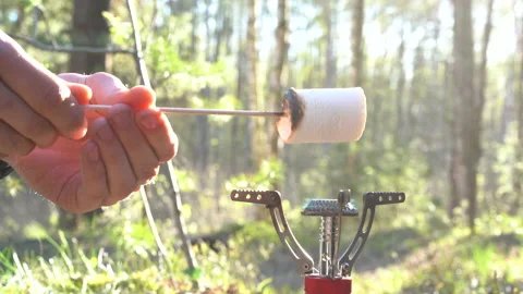 Close-up delicious marshmallow roasting over fire Stock Footage 130196742
