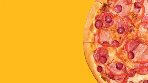 Close-up of delicious pizza with mozzarella cheese on yellow background banner Stock Footage 244449336