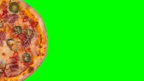 Close-up of delicious pizza with mozzarella cheese on green chromakey banner Stock Footage 245509687