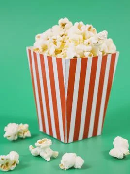 Close up delicious popcorn box table. High quality photo Stock Photos