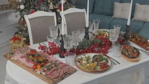 Close up of a delicious table served for Christmas dinner in living room. Stock Footage 142807311