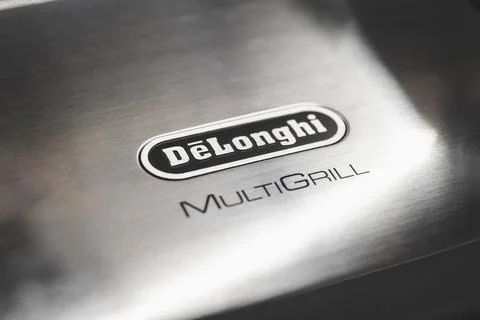 Close-up of the DeLonghi MultiGrill logo on an electric grill Stock Photos