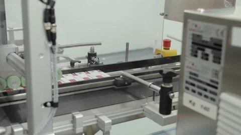 The close-up demonstration of pharma production line. the packaged boxes of Stock Footage 199685096