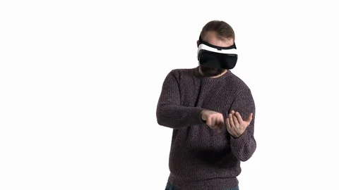 Close-up demonstration of a young bearded man imitating picture painting in VR Stock Footage 121200828