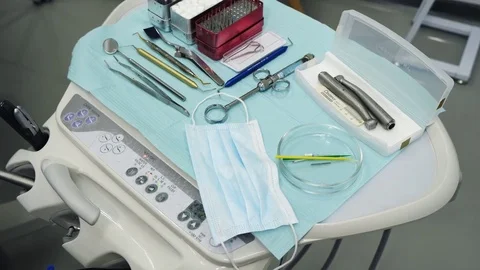 Close Up of dental instruments. Dental instruments in dental cabinet. Stock Footage 83623492