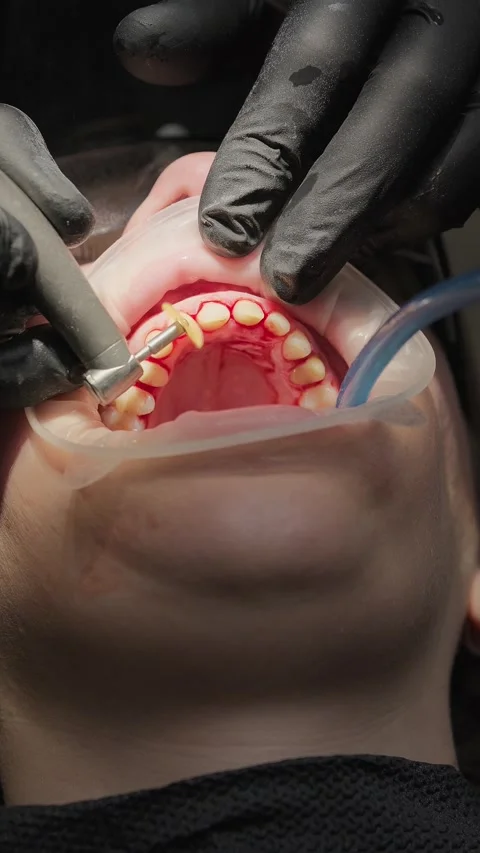 Close-up of dentist preparing teeth with dental drill for crowns. Mouth Video stock 341704923
