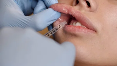 Close-up of a dentists hands in a blue gloves holding syringe and giving dental Stock Footage 123290745