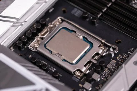 Close up of a desktop computer processor installed in a socket Foto stock