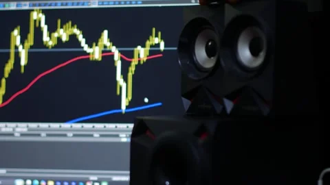 Close Up of Desktop Speakers with Forex Trading Chart on Computer Scree 스톡 동영상 340344936