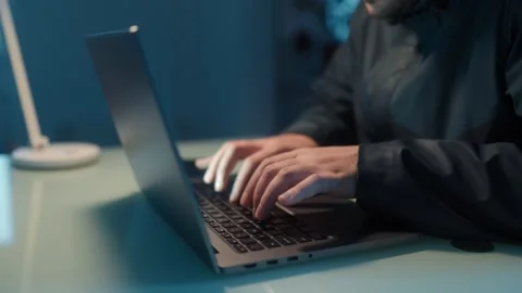 Close Up Detail Hacker Rubbing Hands Together Over Laptop Night Stock Footage 333270734